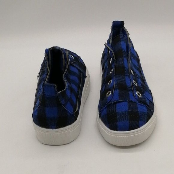 Womens Slip On Sneakers Blue Black Checked Low Top Round Toe Flat Heel 6.5‎ NEW - Picture 3 of 8